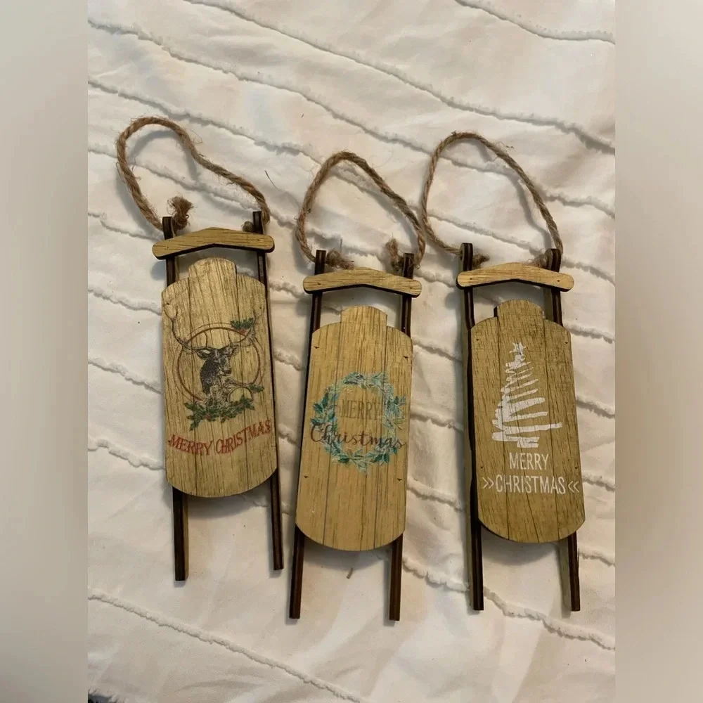 At Home wood sleigh Christmas ornaments bundle of 3